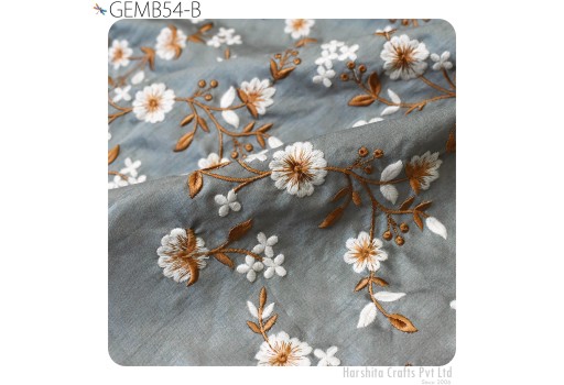 Indian Grey Floral Embroidered by the yard Fabric Sewing DIY Crafting Embroidery Wedding Dresses Costumes Dolls Bags Home Decor Fabric